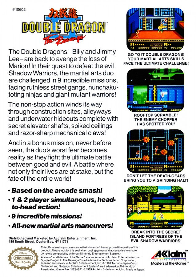 Double Dragon II The Revenge Nintendo Entertainment System NES for retro video game enthusiasts featuring classic side scrolling beat em up gameplay cooperative multiplayer martial arts combat challenging enemy gangs iconic arcade action and collectible gaming appeal gameplay 