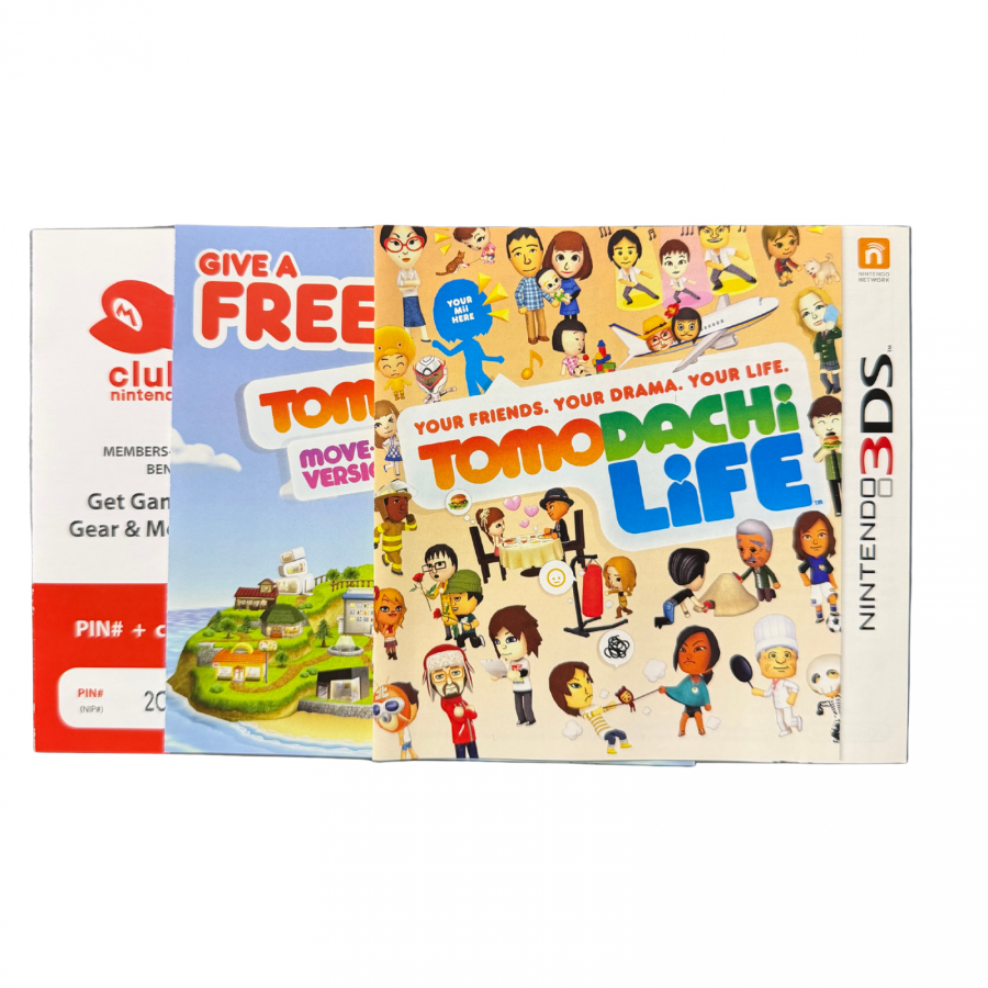Inserts for Tomodachi Life Complete in Box for Nintendo 3DS, a life simulation and social simulation game featuring Mii characters, with original game case, cartridge, and inserts.
