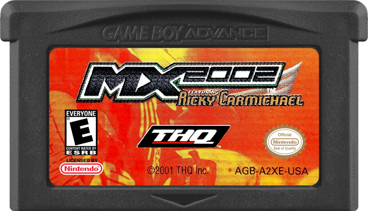 MX 2002 featuring Ricky Carmichael Game Boy Advance GBA video game featuring motocross racing gameplay off road motorcycle racing dirt tracks jumps stunts competitive races professional motocross action and classic handheld sports gaming retro video game collection collectible gaming appeal cartridge 