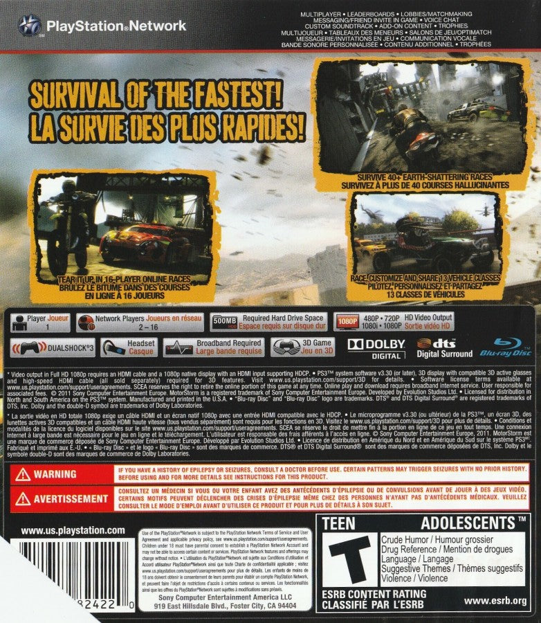 MotorStorm Apocalypse PlayStation 3 PS3 off-road racing video game featuring high-speed motorcycle and vehicle racing extreme tracks dangerous environments massive crashes destruction shortcuts powerful vehicles intense competition and classic PlayStation 3 PS3 gameplay collectible gaming appeal back cover art