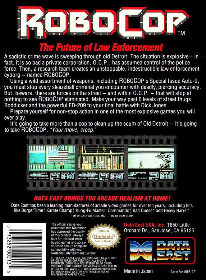 RoboCop NES Nintendo Entertainment System action platformer shooter side scrolling gameplay crime fighting cyborg police Detroit arcade style Data East retro 8 bit gaming cartridge video game title back cover art 