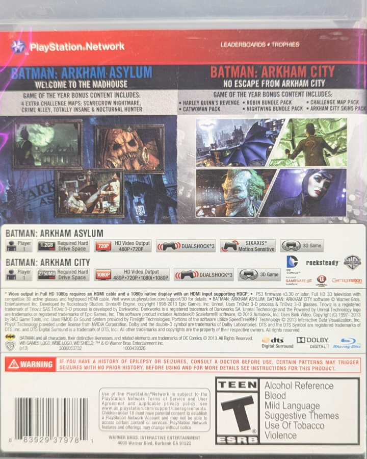 Batman Arkham Asylum & Batman Arkham City Dual Pack Greatest Hits PlayStation 3 PS3 video game, action adventure bundle, superhero combat and stealth gameplay, console title back cover