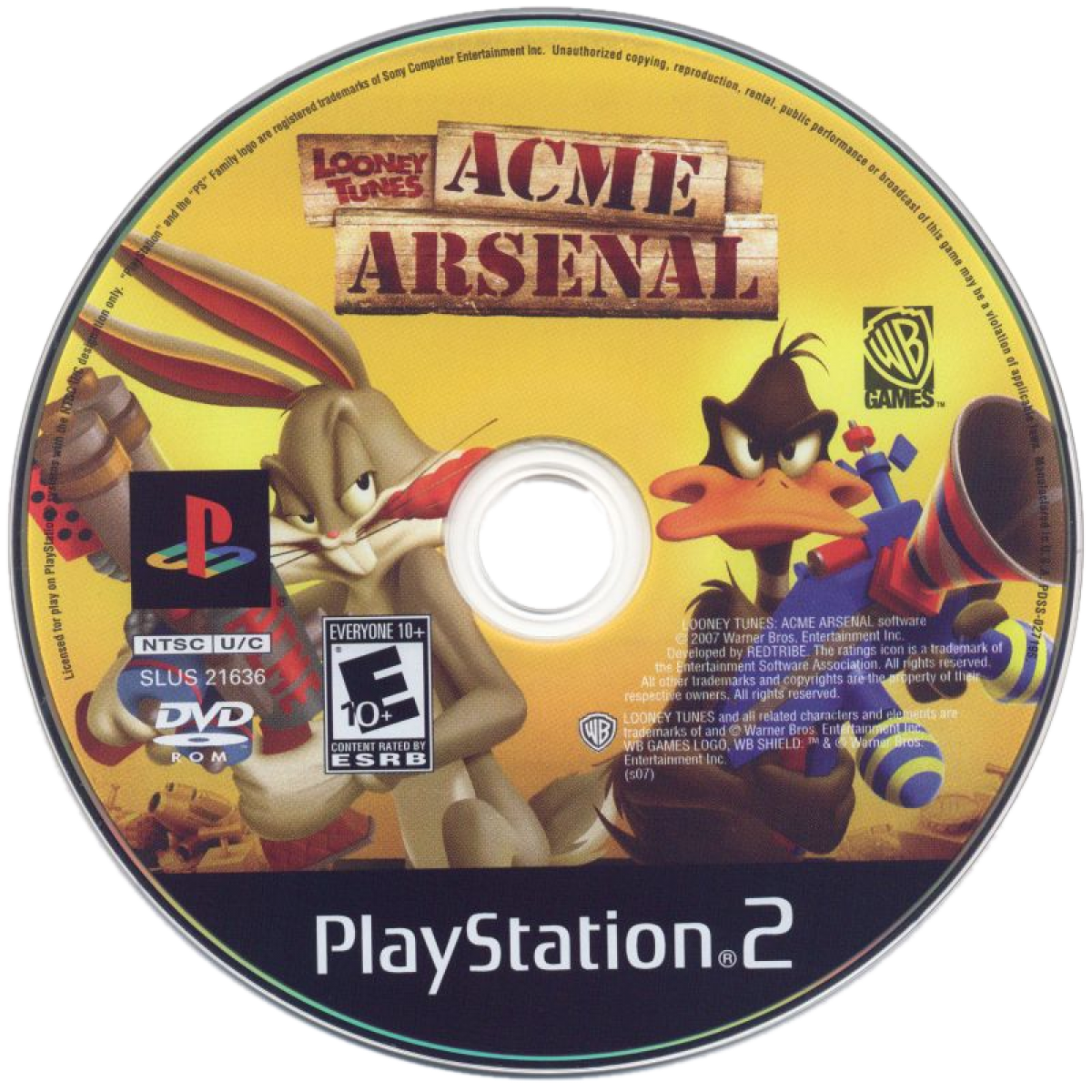 Looney Tunes: Acme Arsenal PS2 action-adventure game featuring classic Looney Tunes characters like Bugs Bunny, Daffy Duck, and Tweety in a cartoon combat adventure with zany weapons, level-based missions, boss fights, cooperative play, and family-friendly humor and slapstick action on PlayStation 2. disc