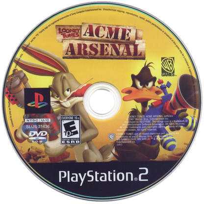 Looney Tunes: Acme Arsenal PS2 action-adventure game featuring classic Looney Tunes characters like Bugs Bunny, Daffy Duck, and Tweety in a cartoon combat adventure with zany weapons, level-based missions, boss fights, cooperative play, and family-friendly humor and slapstick action on PlayStation 2. disc