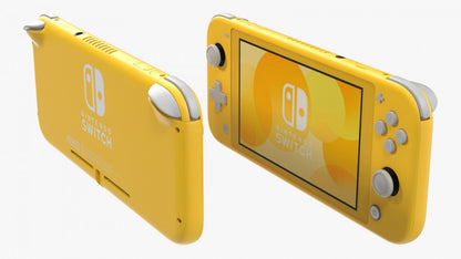 Front and back views of the yellow Nintendo Switch Lite console side by side, one unit showing the display and controls, the other flipped to show the rear casing with the Nintendo Switch logo.