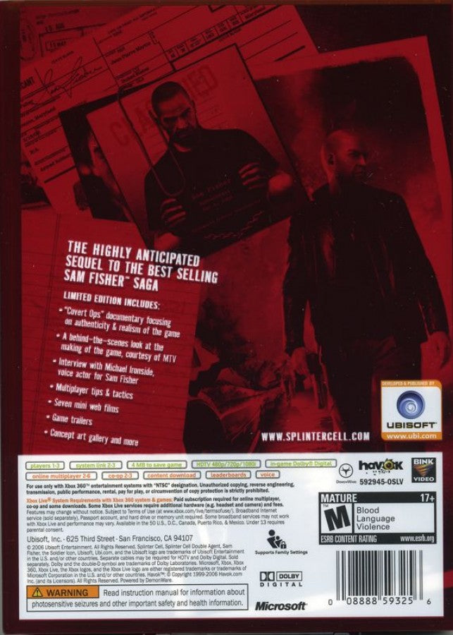 Tom Clancy's Splinter Cell: Double Agent [Limited Edition] back of case for Xbox 360 (X360) stealth action-adventure video game