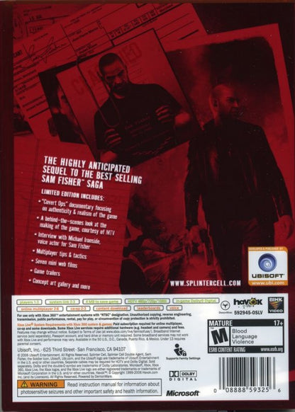 Tom Clancy's Splinter Cell: Double Agent [Limited Edition] back of case for Xbox 360 (X360) stealth action-adventure video game