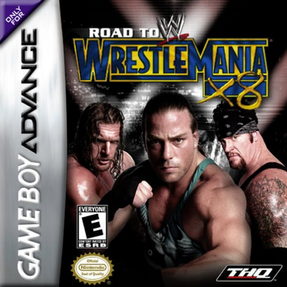 WWE Road to WrestleMania X8 Game Boy Advance GBA video game featuring professional wrestling gameplay WWE superstars championship matches signature wrestling moves grappling attacks finishing moves ring combat tournament challenges WrestleMania storyline and classic Nintendo handheld sports entertainment action retro video game collection collectible gaming appeal front cover art