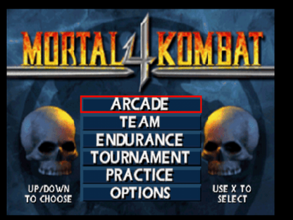 Mortal Kombat 4 title card for PlayStation 1 (PS1) retro fighting video game