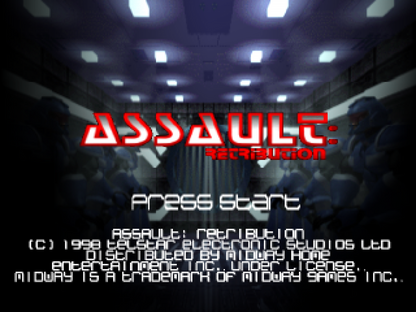 Assault: Retribution PlayStation 1 PS1 for third person shooter retro video game fans featuring futuristic sci fi combat alien enemies powerful weapons intense action cinematic gameplay explosive firefights challenging missions collectible gaming appeal title screen