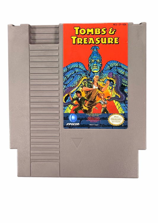 Tombs and Treasure Nintendo Entertainment System NES video game featuring adventure gameplay ancient tomb exploration puzzle solving treasure hunting Egyptian temples mysterious environments enemy encounters and classic 8 bit Nintendo action retro video game collection collectible gaming appeal front of cartridge