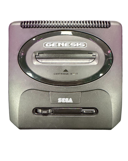 Top down view of a Sega Genesis Mini 2 console showing the top surface, power button, controller ports, and logo.