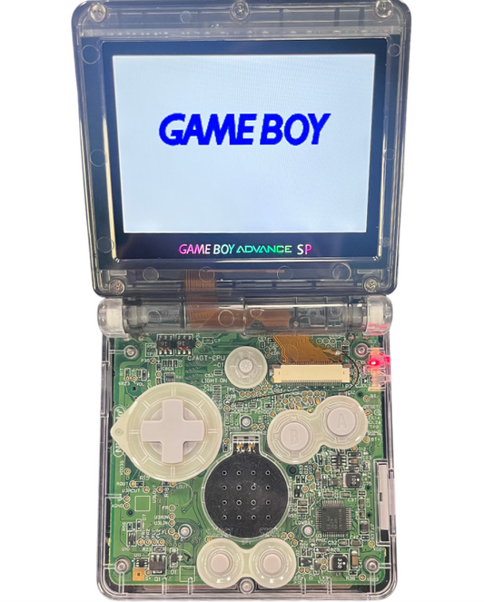 Retro GBA SP custom shell IPS mod inspired design featuring upgraded Nintendo handheld gaming console aesthetic vibrant custom housing backlit IPS display rechargeable clamshell portable system nostalgic retro gaming hardware presentation open