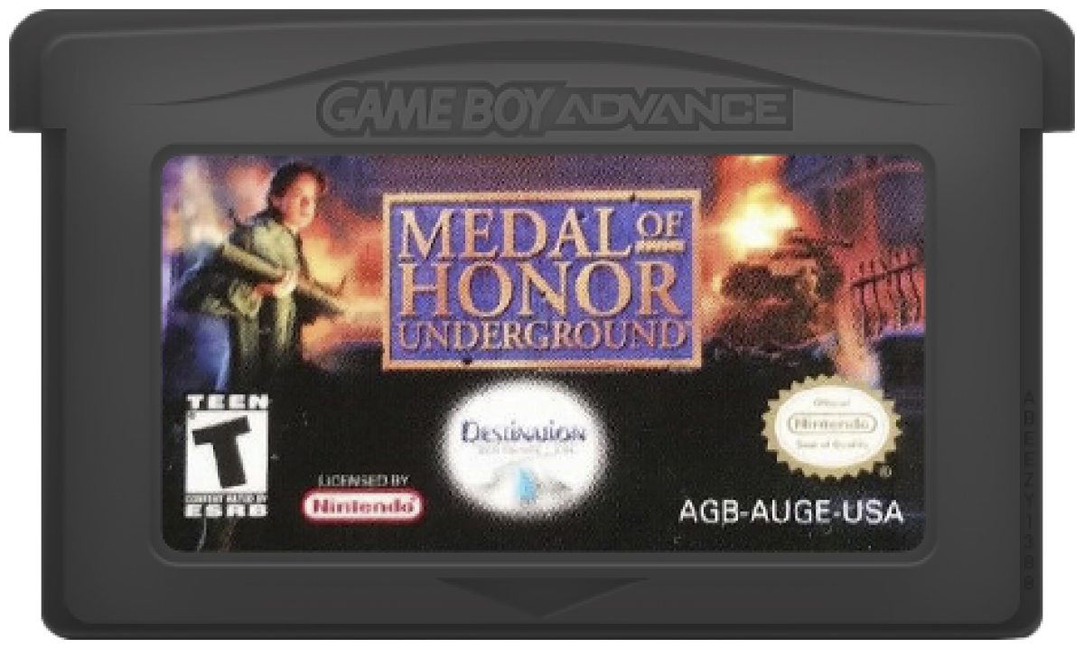 Medal of Honor Underground for Game Boy Advance, cartridge for a first-person shooter video game with World War II combat, mission-based gameplay, stealth elements, and military action