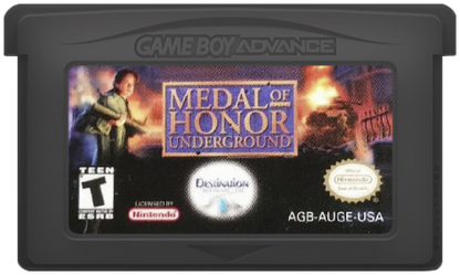 Medal of Honor Underground for Game Boy Advance, cartridge for a first-person shooter video game with World War II combat, mission-based gameplay, stealth elements, and military action