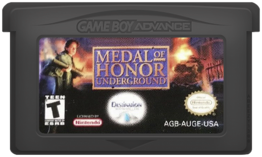 Medal of Honor Underground for Game Boy Advance, cartridge for a first-person shooter video game with World War II combat, mission-based gameplay, stealth elements, and military action