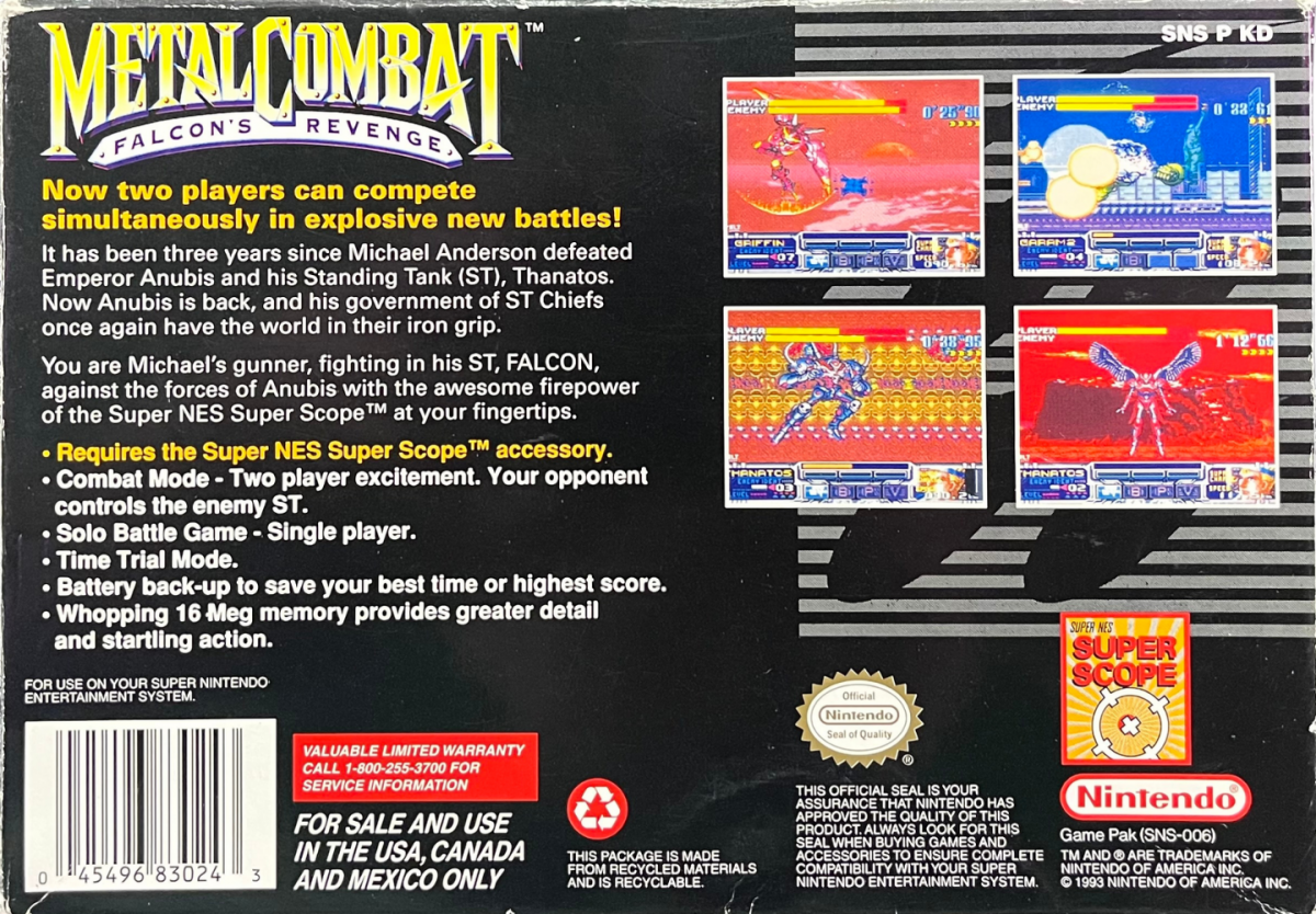 Metal Combat Super Nintendo SNES light gun shooter Super Scope 6 compatible mech robot combat first person shooting futuristic warfare Nintendo action game retro 16 bit gaming Super Nintendo Entertainment System software video game title rear art 