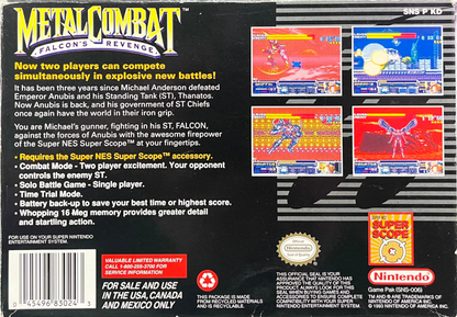 Metal Combat Super Nintendo SNES light gun shooter Super Scope 6 compatible mech robot combat first person shooting futuristic warfare Nintendo action game retro 16 bit gaming Super Nintendo Entertainment System software video game title rear art 