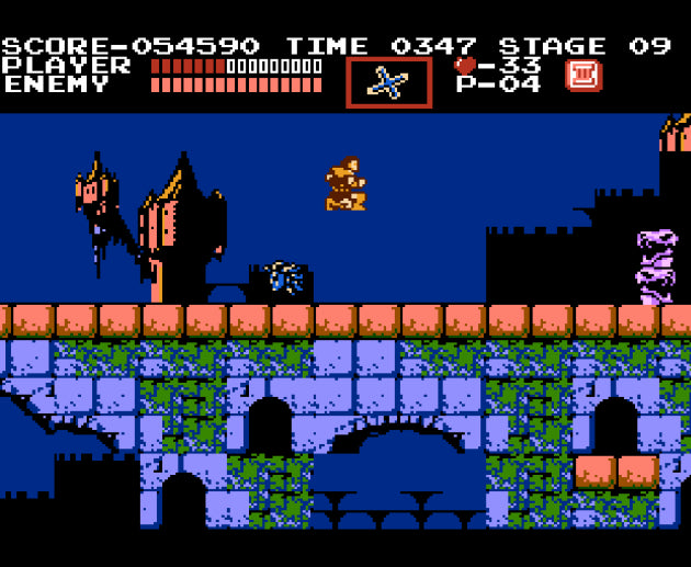 Castlevania cartridge for the Nintendo Entertainment System featuring a gothic 8 bit side scrolling action platformer with vampire hunting gameplay as Simon Belmont battling through Dracula’s castle gameplay