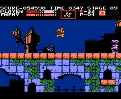 Castlevania cartridge for the Nintendo Entertainment System featuring a gothic 8 bit side scrolling action platformer with vampire hunting gameplay as Simon Belmont battling through Dracula’s castle gameplay