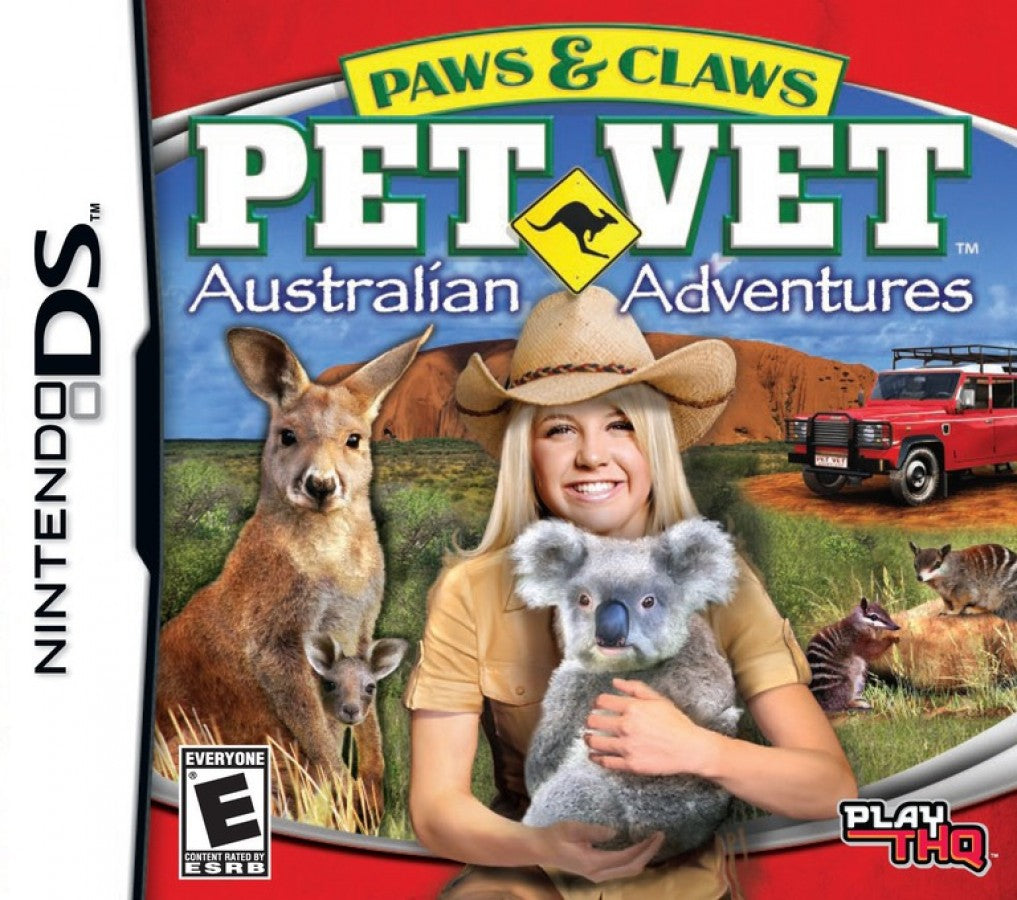 Paws & Claws Pet Vet Australian Adventures Nintendo DS video game, animal care simulation, veterinary adventure gameplay, family-friendly handheld console title front cover