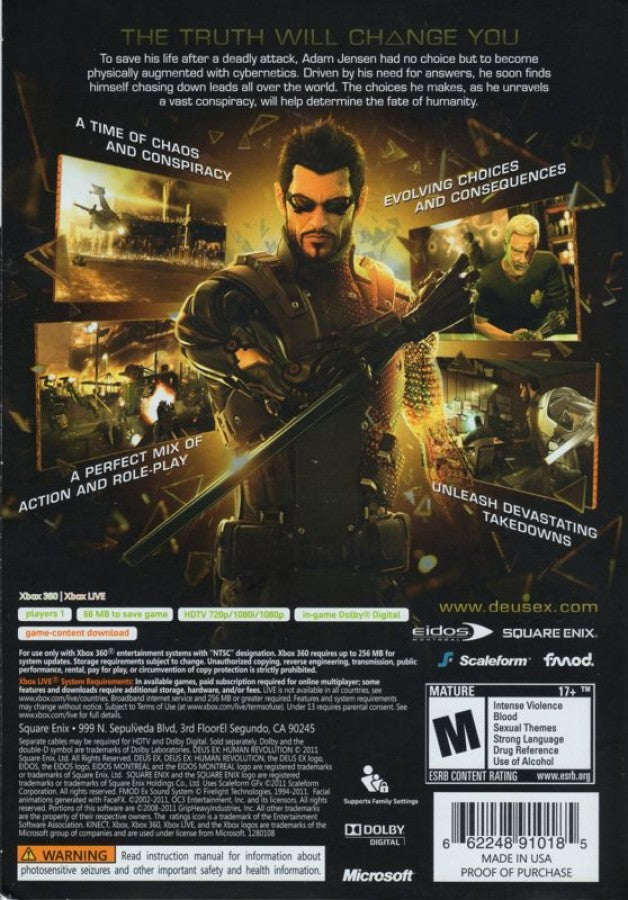 Deus Ex: Human Revolution back of case for Xbox 360 (X360) action role-playing stealth video game