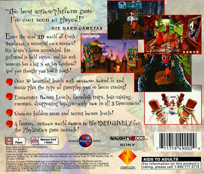 Crash Bandicoot PlayStation 1 PS1 video game, action platformer, classic mascot platforming gameplay, iconic Sony console title back cover