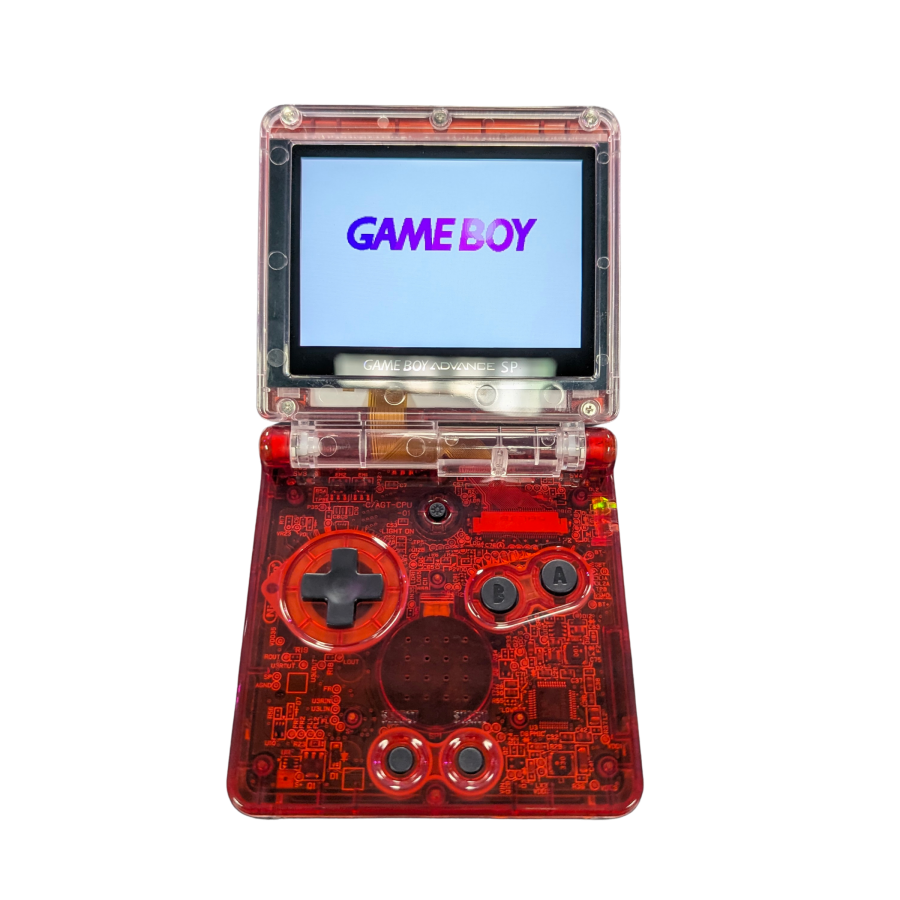 Game Boy Advance SP (GBA SP) [Custom Red Shell & IPS Screen Mod] at Gamers INC, featuring a professionally upgraded handheld experience with a crystal-clear, high-brightness IPS backlit display for modern visual fidelity, housed in a striking custom red shell that breathes new life into your classic library of Game Boy, Game Boy Color, and Game Boy Advance titles open and turned on