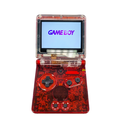 Game Boy Advance SP (GBA SP) [Custom Red Shell & IPS Screen Mod] at Gamers INC, featuring a professionally upgraded handheld experience with a crystal-clear, high-brightness IPS backlit display for modern visual fidelity, housed in a striking custom red shell that breathes new life into your classic library of Game Boy, Game Boy Color, and Game Boy Advance titles open and turned on