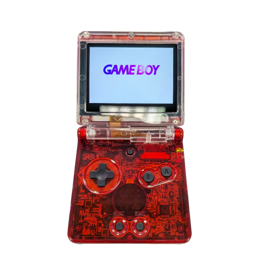 Game Boy Advance SP (GBA SP) [Custom Red Shell & IPS Screen Mod] at Gamers INC, featuring a professionally upgraded handheld experience with a crystal-clear, high-brightness IPS backlit display for modern visual fidelity, housed in a striking custom red shell that breathes new life into your classic library of Game Boy, Game Boy Color, and Game Boy Advance titles open and turned on