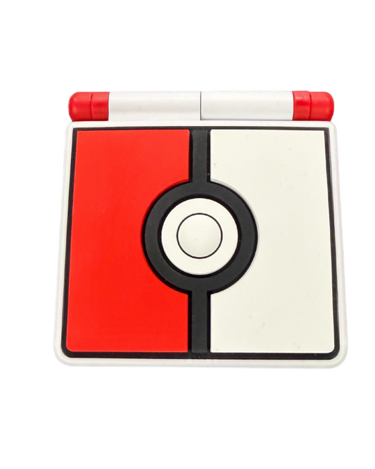 Custom Poké Ball designed Game Boy Advance SP shell featuring vibrant IPS backlit screen and unique collector style closed top view