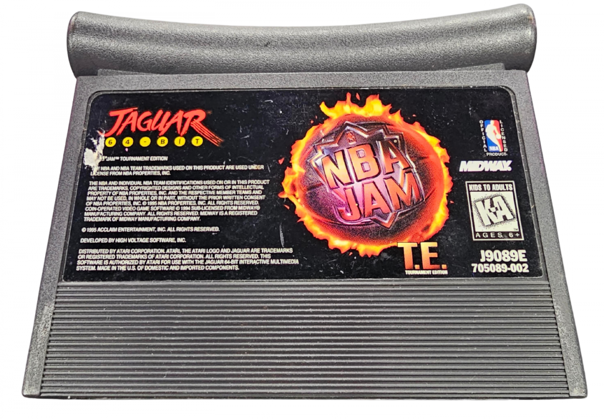 NBA Jam Tournament Edition Atari Jaguar for arcade basketball video game fans featuring high flying dunks two on two basketball action turbo boosts exaggerated gameplay classic NBA teams and players fast paced matches special moves and retro Atari Jaguar gaming collectible appeal close up