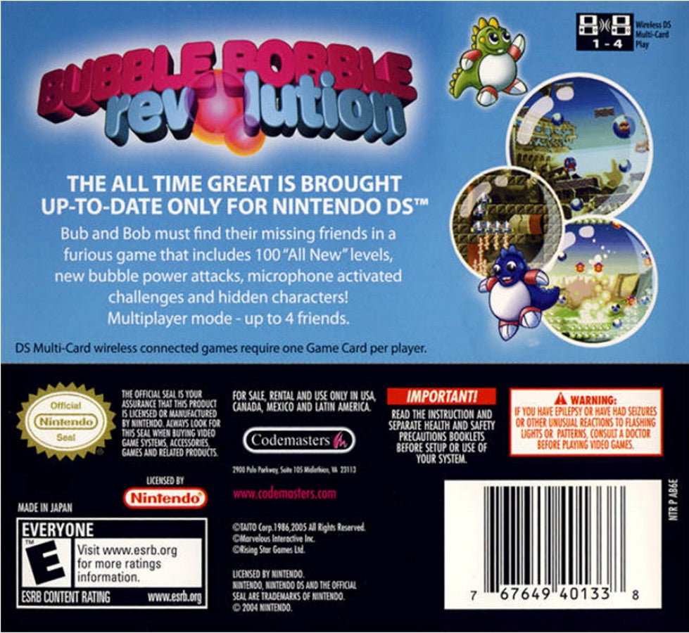 Bubble Bobble: Revolution for Nintendo DS with classic bubble-blowing platform action theme gameplay back cover