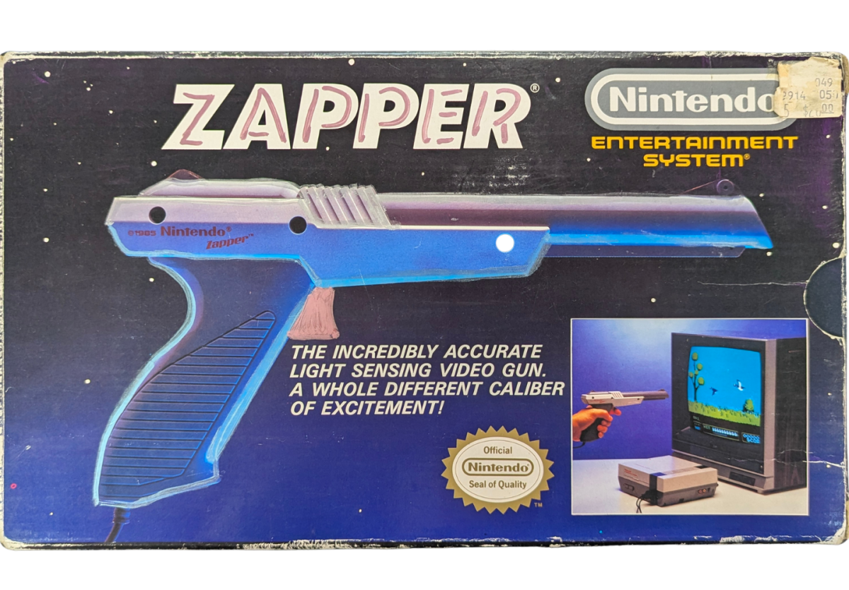 Nintendo Zapper OEM [Gray][In Box Missing Manuals/Inserts] for Nintendo Entertainment System (NES) accessory featuring the classic light gun controller used for Duck Hunt and other shooting games; includes the original box but is missing the manuals and inserts with an authentic gray OEM zapper inside real front box