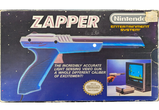 Nintendo Zapper OEM [Gray][In Box Missing Manuals/Inserts] for Nintendo Entertainment System (NES) accessory featuring the classic light gun controller used for Duck Hunt and other shooting games; includes the original box but is missing the manuals and inserts with an authentic gray OEM zapper inside real front box