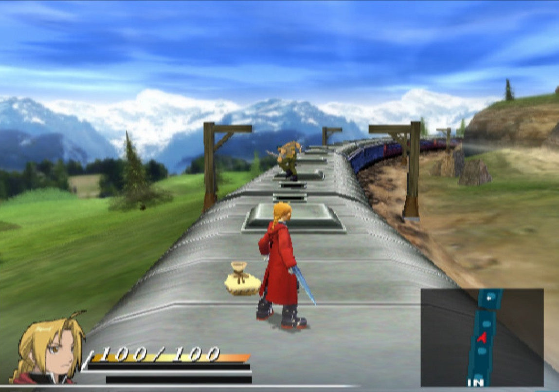 Retro Fullmetal Alchemist and the Broken Angel PS2 inspired design featuring anime action RPG aesthetic vintage PlayStation 2 adventure alchemy powered combat Edward Elric Alphonse Elric fantasy steampunk world nostalgic anime game presentation gameplay