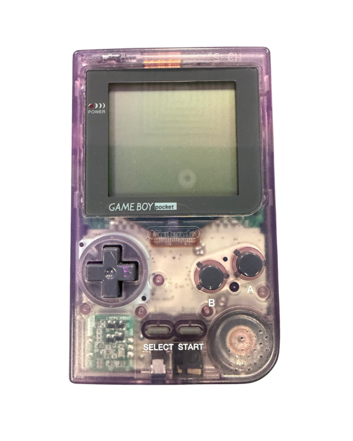 Game Boy Pocket Atomic Purple Nintendo handheld console with translucent purple shell compact portable system monochrome screen cartridge based retro gaming device front view of console