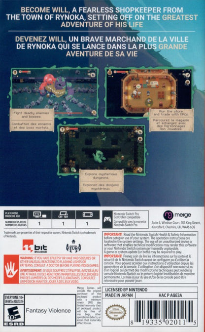 Moonlighter retro Nintendo Switch video game Moonlighter action RPG dungeon crawling shop management fantasy adventure pixel art gameplay console title Nintendo Switch release back of case