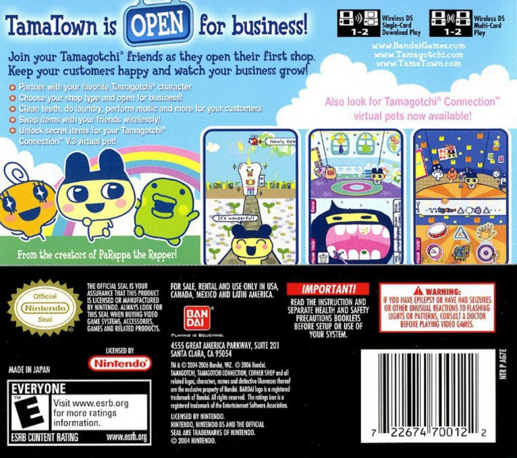 Tamagotchi Connection Corner Shop Nintendo DS for retro video game enthusiasts featuring simulation gameplay charming shop management mini games touchscreen interactions colorful Tamagotchi characters family friendly activities and collectible gaming appeal back cover 