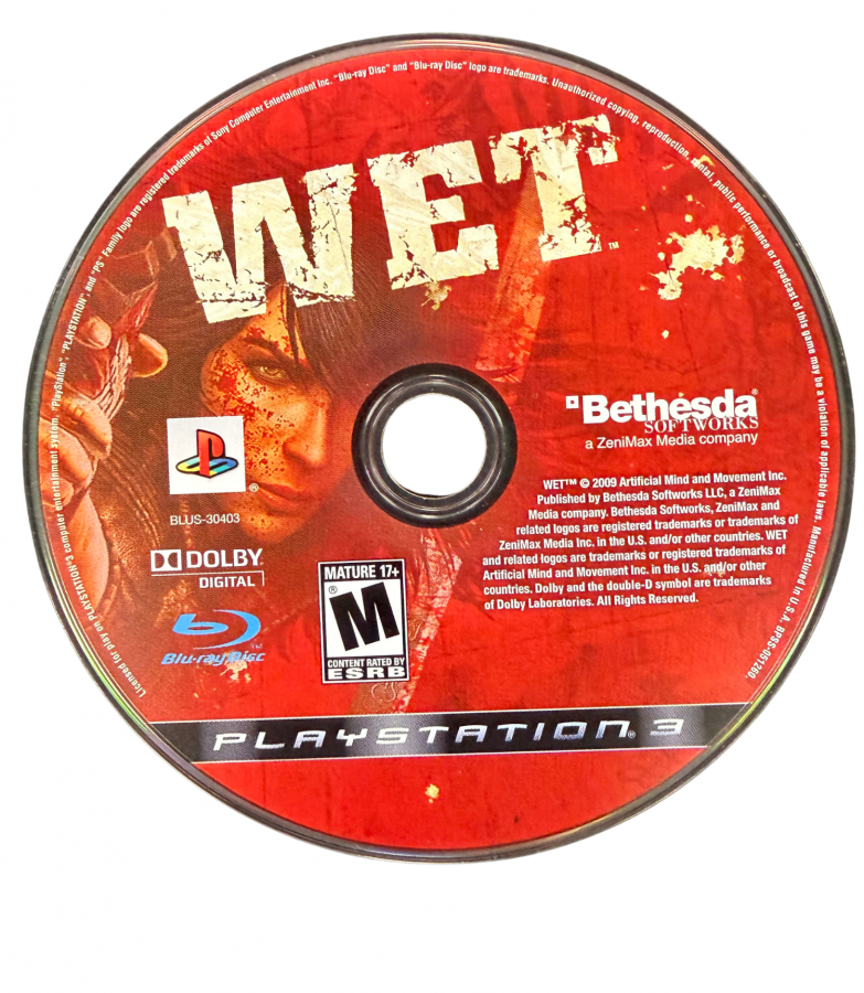 WET PlayStation 3 PS3 action video game featuring Ruby Malone acrobatic gunplay sword combat dual-wielded weapons slow-motion shooting stylish action sequences explosive set pieces intense enemies and fast-paced third-person combat collectible gaming appeal top of disc
