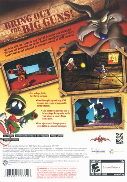Looney Tunes: Acme Arsenal PS2 action-adventure game featuring classic Looney Tunes characters like Bugs Bunny, Daffy Duck, and Tweety in a cartoon combat adventure with zany weapons, level-based missions, boss fights, cooperative play, and family-friendly humor and slapstick action on PlayStation 2. back cover