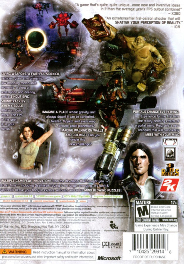 Prey for Xbox 360 first person shooter video game featuring a sci-fi horror storyline gravity-defying gameplay alien environments and fast paced action based on the cult classic franchise gameplay  back cover art
