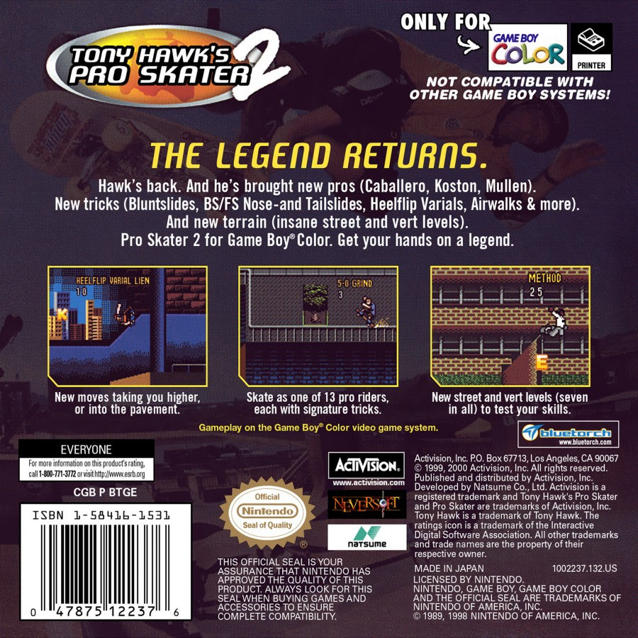 Tony Hawk's Pro Skater 2 Nintendo Game Boy Color GBC for skateboarding sports retro video game fans featuring extreme skate tricks professional skaters challenging levels combo scoring arcade style gameplay classic handheld gaming collectible gaming appeal back of case