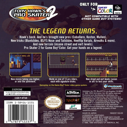Tony Hawk's Pro Skater 2 Nintendo Game Boy Color GBC for skateboarding sports retro video game fans featuring extreme skate tricks professional skaters challenging levels combo scoring arcade style gameplay classic handheld gaming collectible gaming appeal back of case