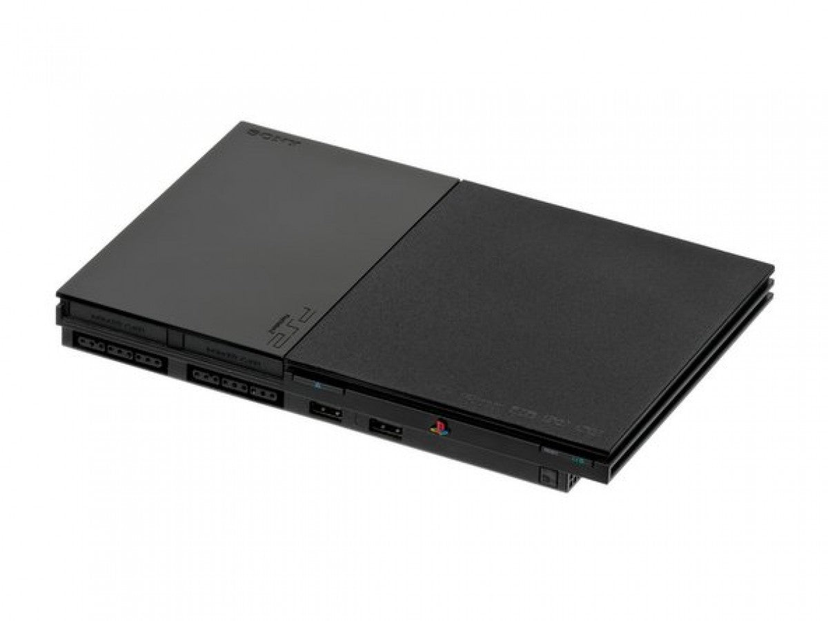 Sony PlayStation 2 Slim Console System (SCPH-90000) at Gamers INC, featuring a compact design with built-in AC adapter and PS1 backwards compatibility for playing your entire library of classic PlayStation and PS2 games with a 3rd party controller top and front cover