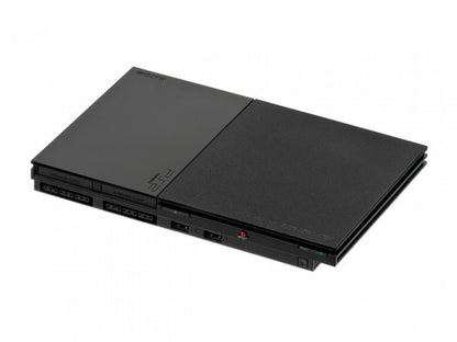 Sony PlayStation 2 Slim Console System (SCPH-90000) at Gamers INC, featuring a compact design with built-in AC adapter and PS1 backwards compatibility for playing your entire library of classic PlayStation and PS2 games with a 3rd party controller top and front cover