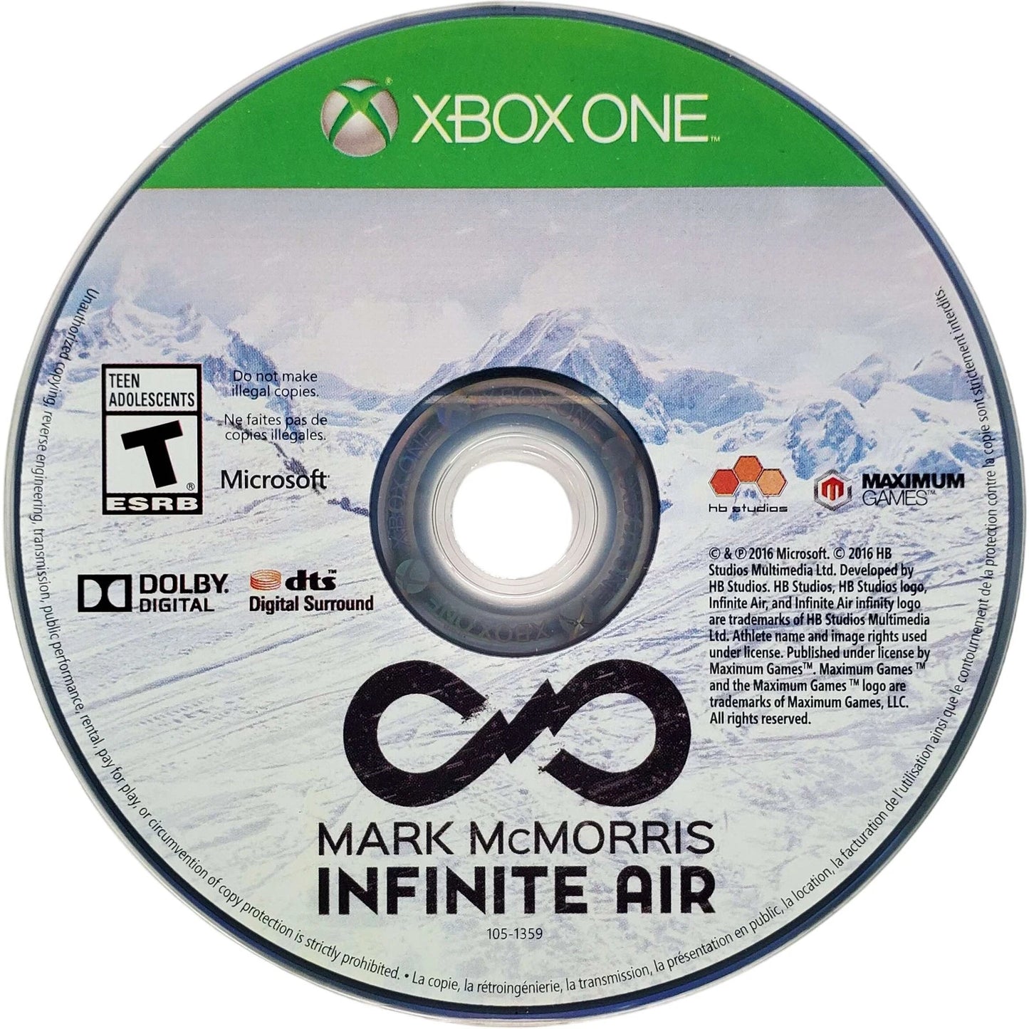 Infinite Air disc for Xbox One (XONE) snowboarding sports simulation video game