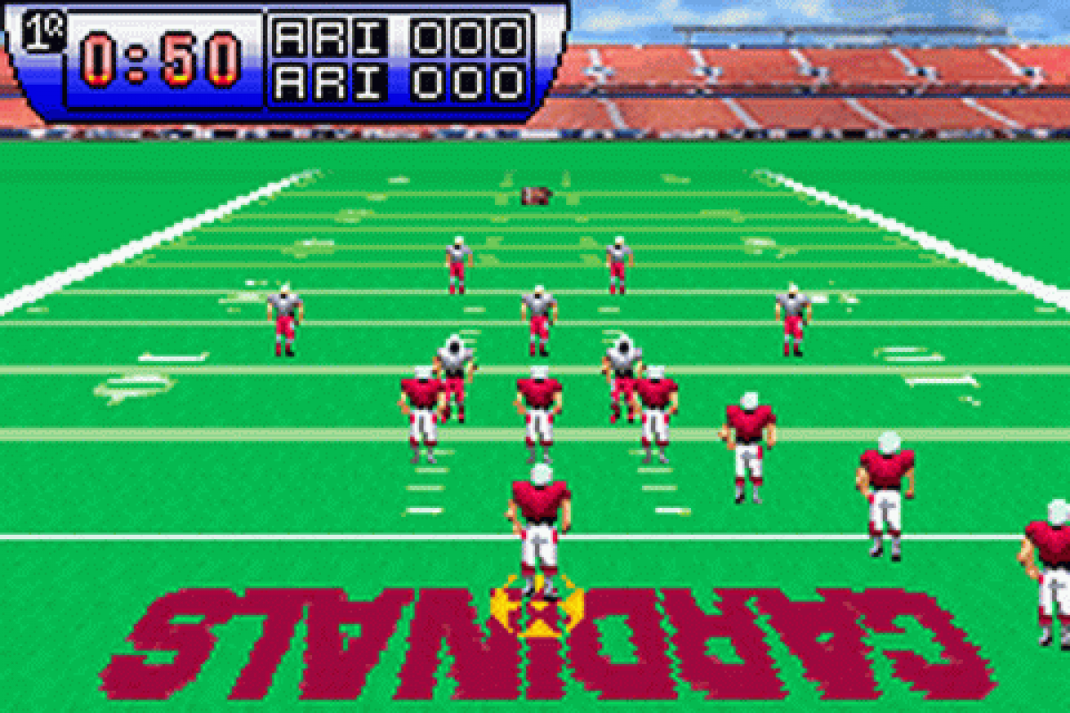 NFL Blitz 2002 Game Boy Advance gameplay for retro video game featuring arcade style football gameplay, hard hitting tackles, fast paced matches, exaggerated sports action, and portable NFL competition on the GBA handheld system
