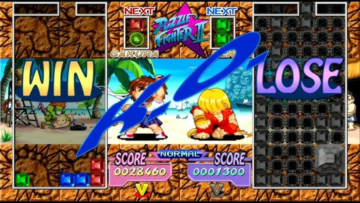 Super Puzzle Fighter II Turbo PS1 and Sega Saturn Capcom puzzle fighting game gem matching mechanics Street Fighter Darkstalkers chibi characters competitive versus gameplay chain combos retro gaming software video game title gameplay