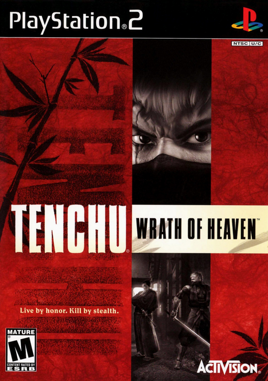 Tenchu: Wrath of Heaven PS2 stealth action video game featuring ninja-style gameplay, strategic assassination missions, rooftop infiltration, multiple playable characters (including Rikimaru and Ayame), atmospheric feudal Japan environments, cooperative and competitive modes, and classic Tenchu stealth mechanics on PlayStation 2. cover